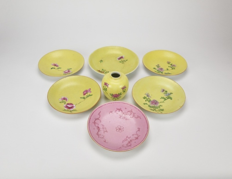 Group of Five Yellow-Ground Famille- Rose &lsquo;Flowers&rsquo; Dishes,