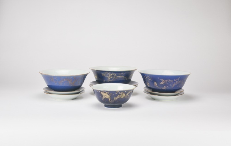 18th Century-A Group of Imperial-Style Gilt-Decorated Sacrificial-Blue Glazed Porcelain Bowls and Dishes