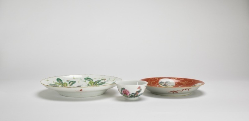 A Gilt-Red Glazed Ground Famille Rose Plate And Famile Glaze &lsquo;Vegetable&rsquo; Plate, And Small Bowl, Late Qing