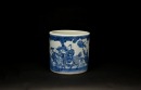 A Chinese Blue And White Porcelain Brush Pot. Late Qing