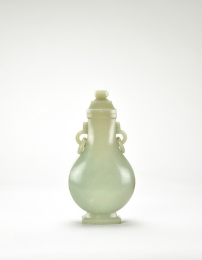A Finely Carved Chinese Celadon Jade Moon Flask, Qing Dynasty, 18th/19th Century
