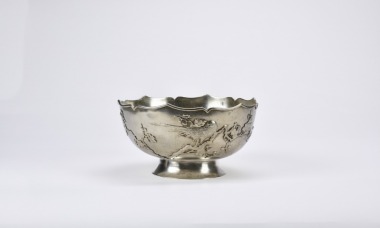 Chinese Silver Footed Bowl with Bird and Blossom Decoration, Early 20th Century