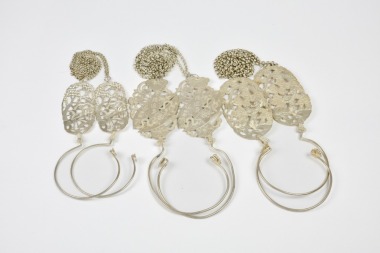 Set of Three Pairs of Chinese Silver Openwork and Chased Bed Curtain Hooks with Chains, Late Qing to Republic Period (6 Pcs)