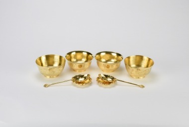 Set of Eight Chinese Gilt Silver Tea Bowls, Dishes, and Spoons, Late Qing To Republic