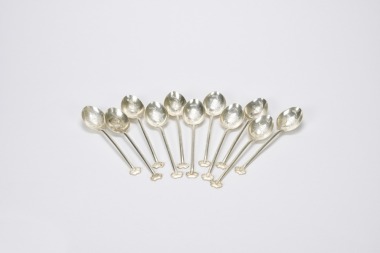 Set of Eleven Chinese Export Silver Teaspoons with Engraved Scenes, Late Qing to Early Republic Period,