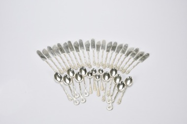 Extensive Asian Silver Flatware Set with Dragon and Floral Handles (35Pcs), Late Qing/ Republic