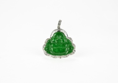 Fine Imperial Green Jadeite Laughing Buddha Pendant with Diamond Mount in 18k White Gold.