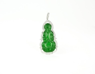 Fine Imperial Green Jadeite Guanyin Pendant with Diamond Mountin 18k White Gold.
