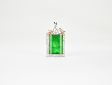 Fine Imperial Green Jadeite Rectangular Pendant with Diamond and Gold Bird Motif Mount.