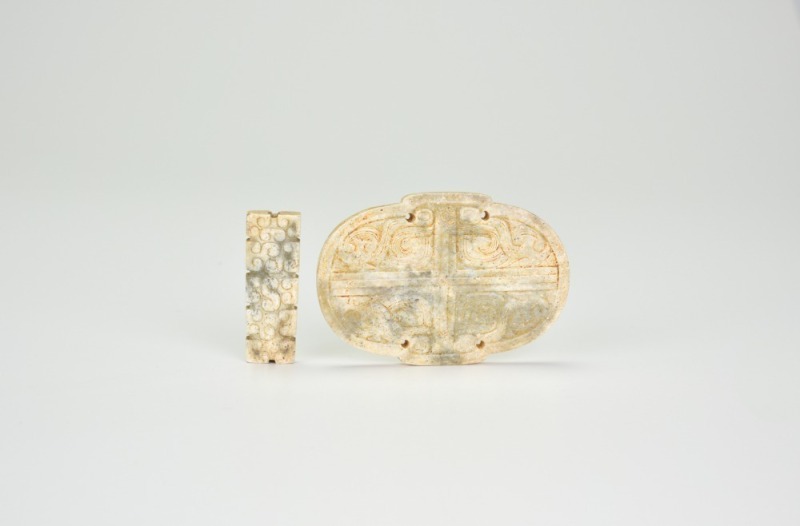 A Carved Celadon And Beige Jade Plaque And A Rectangular Ornament, Shang&ndash;Zhou