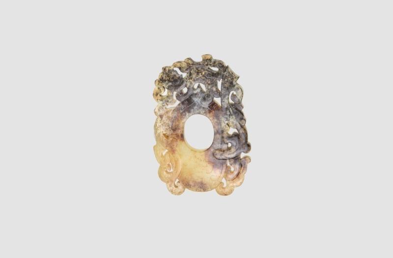 A Rare Archaizing Celadon And Russet Jade Openwork Pendant With Chi-Dragonshan Dynasty (206 Bce &ndash; 220 Ce)