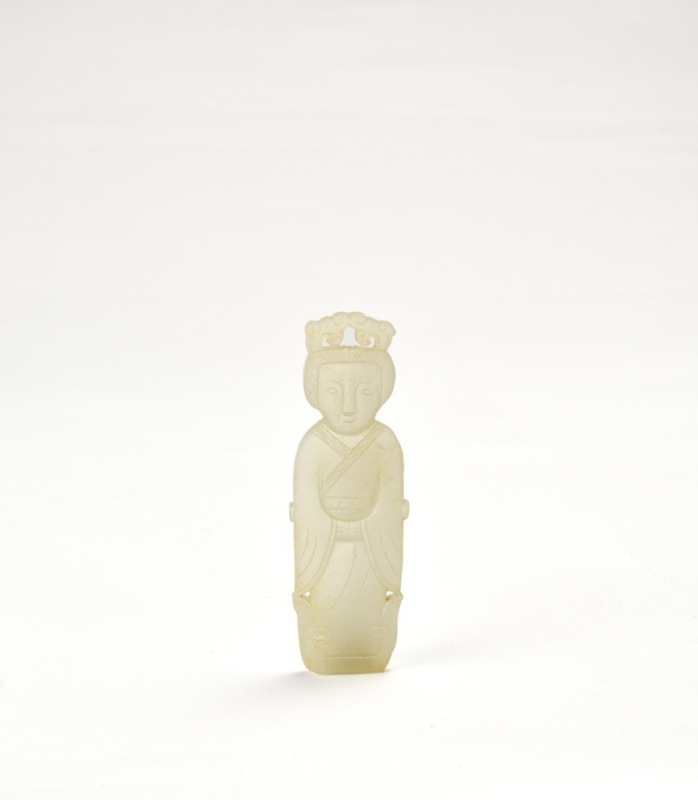 A White Jade Figure Of A Court Lady Pendant. Tang Dynasty.