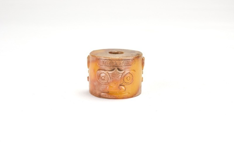 Liangzhu Culture, Small Jade Cong With Deity-And-Beast Mask Motif .