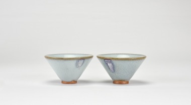 A Pair of Jun-Style Sky-Blue Glazed Cups with Purple Splashes