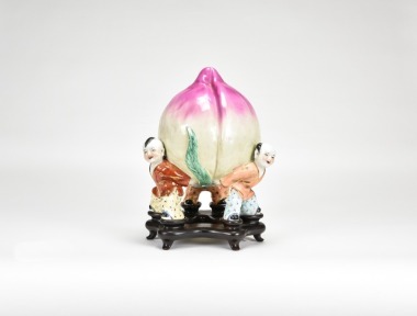Late Qing Dynasty (Guangxu Period), Famille-Rose Porcelain Group of Three Boys Carrying a Longevity Peach