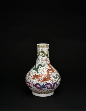 A Famille-Rose &lsquo;Nine Dragons Pursuing The Flaming Pearl&rsquo; Bottle Vase (Tianqiuping)