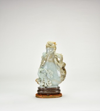 A Fine Jadeite &lsquo;Dragon and Phoenix&rsquo; Covered Vase (wood stand/box), Republic.