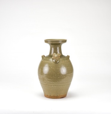 Tang Dynasty. Yue Kiln Celadon Vase with Ram-Head Handles.