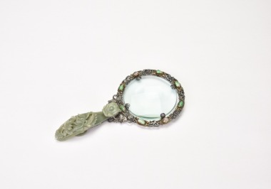 Late Qing Dynasty to Republic Period. Silver-Mounted Jade-Handled Magnifying Glass.