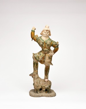A Polychrome Pottery Warrior Figure. Tang Dynasty, Circa 7th&ndash;9th century.