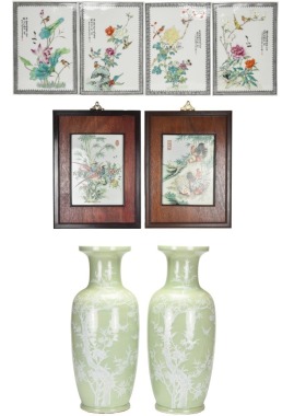 A Group Of Eight Celadon-Glazed Porcelain Vases And Famille-Rose Porcelain Plaques