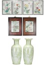 A Group Of Eight Celadon-Glazed Porcelain Vases And Famille-Rose Porcelain Plaques