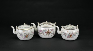 A Group of Three Famille-Rose Teapots with Figures, Tongzhi Mark