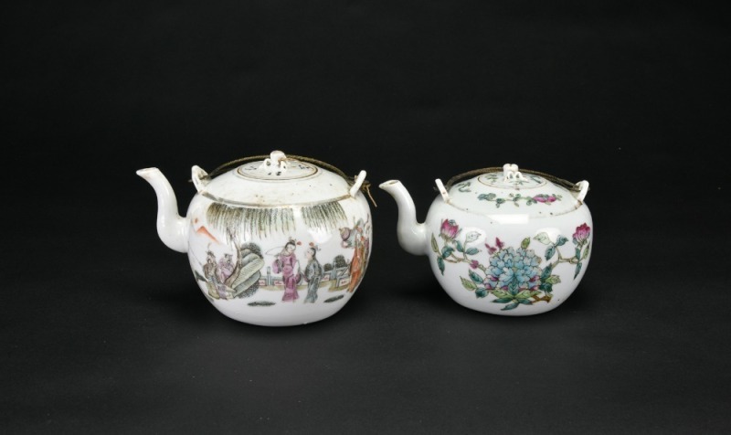 A Pair of Famille-Rose Teapots with Figural and Floral Decoration