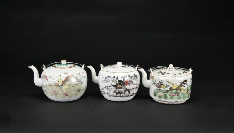 A Group of Three Famille-Rose Teapots with Landscape and Bird-and-Flower Designs, Tongzhi Marks