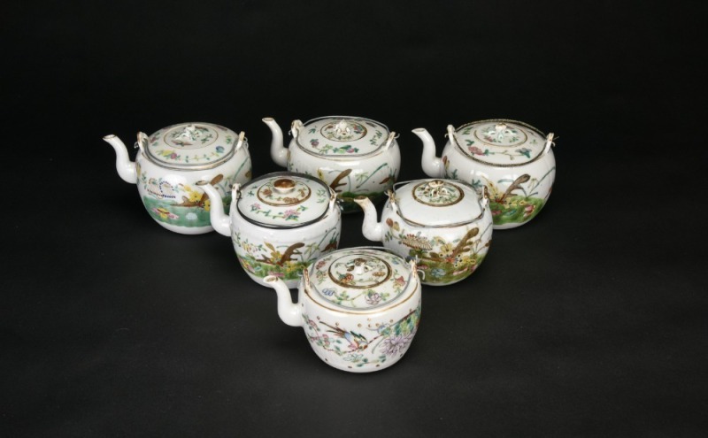 A Group of Six Famille-Rose and Ink-Decorated Teapots