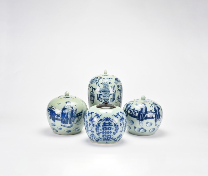 19th Century - A Group of Four Blue and White Porcelain Jars, Comprising a &lsquo;Hundred Antiques&rsquo; Jar and a Double Happiness Covered Jar