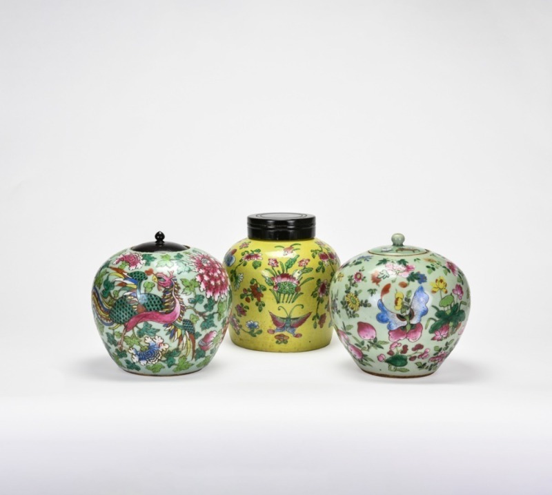 A Two Famille Rose Porcelain Covered Jars And One Yellow Ground Floral Decoration