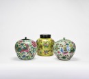 A Two Famille Rose Porcelain Covered Jars And One Yellow Ground Floral Decoration