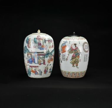 Late Qing Dynasty - Two Famille Rose Porcelain Covered Jars with Figural Scenes