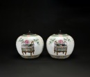 19th Century - A Pair of Famille Rose Porcelain Covered Jars with Antiquities and Floral Decoration