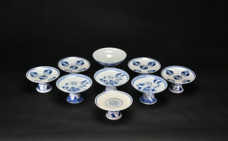 A Group of Nine Blue and White Stem Dishes and Plates Three Pieces with Kangxi Marks Qing Dynasty and Later
