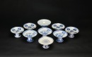 A Group of Nine Blue and White Stem Dishes and Plates Three Pieces with Kangxi Marks Qing Dynasty and Later