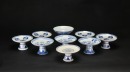 A Group of Nine Blue and White Stem Dishes and Plates Three Pieces with Kangxi Marks Qing Dynasty and Later - 2