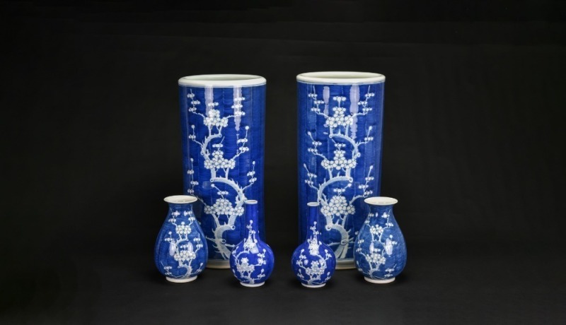A Three Pairs of Blue-Ground &lsquo;Prunus&rsquo; Vases, 20th Century