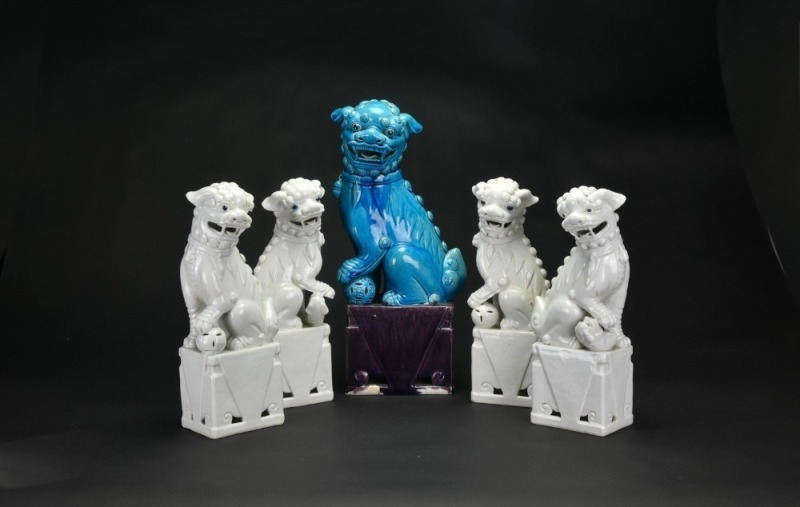 A Group of Five Glazed Foo Lion Figures Republic To 20th Century