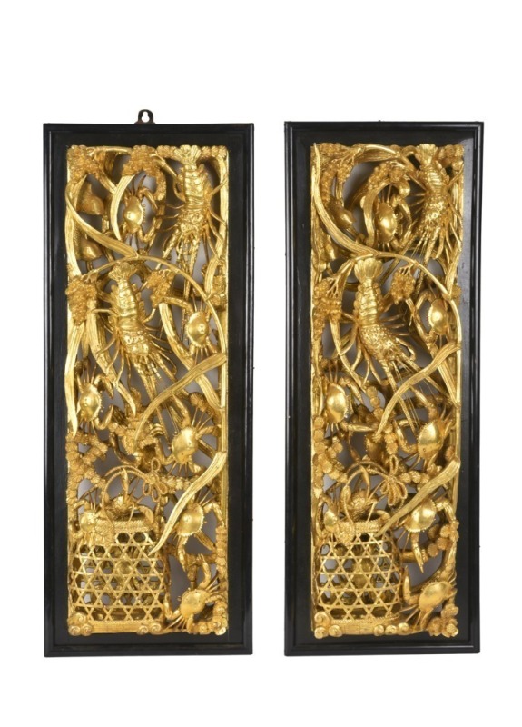 A Pair of Mid 20th-century Carved Wood Wall Relief Panels with a Gilt-painted Finish