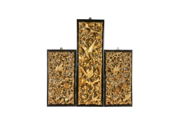 A Set of Three Mid 20th-century Carved Wood Openwork Wall Panels with Gilt-painted Finish