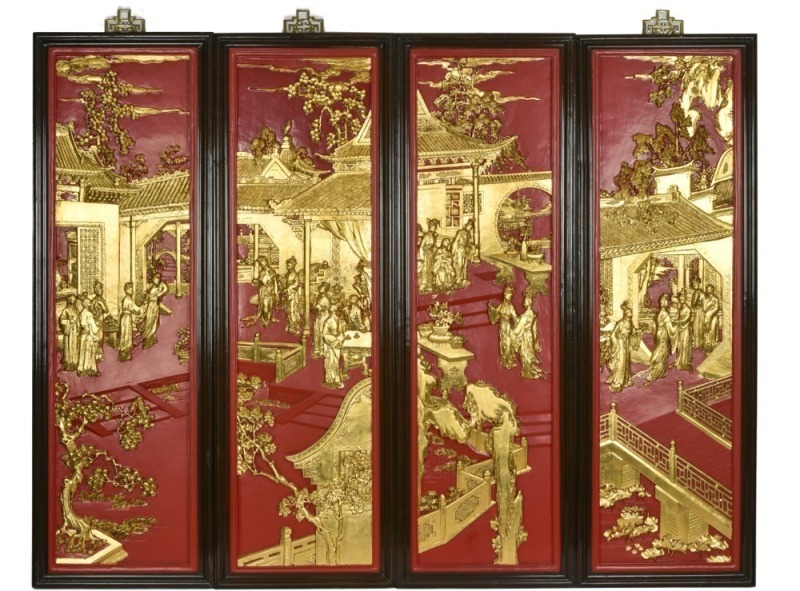A Set of Four Gilt Relief Figural Courtyard Panels, Mid to Late 20th Century