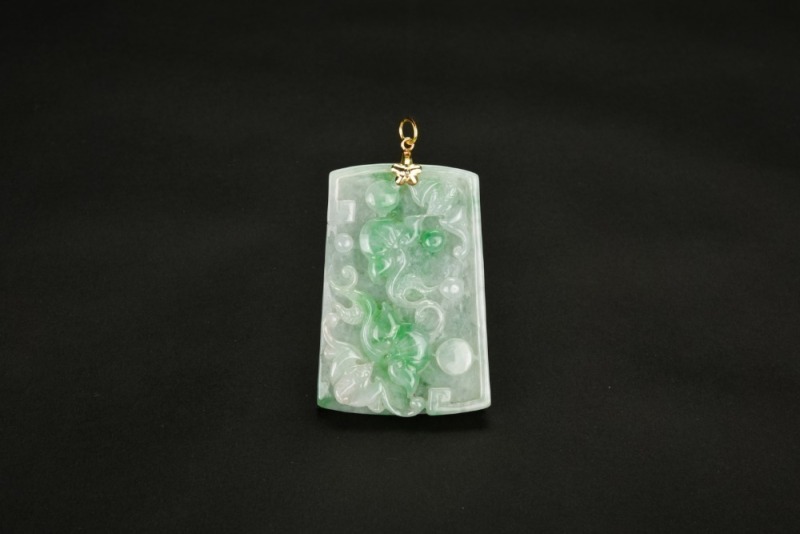 One Carved Jadeite Pendant With &lsquo;Fu Shou&rsquo; Motif And 14K Gold Mount