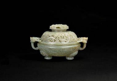 A Qing Dynasty Celadon Jade &lsquo;Dragon&rsquo; Twin-Handled Tripod Covered Censer