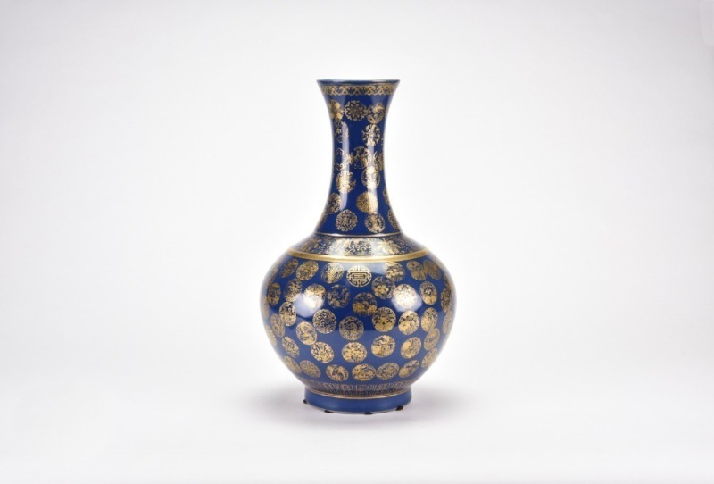 A Gilt-Decorated Powder-Blue Bottle Vase
