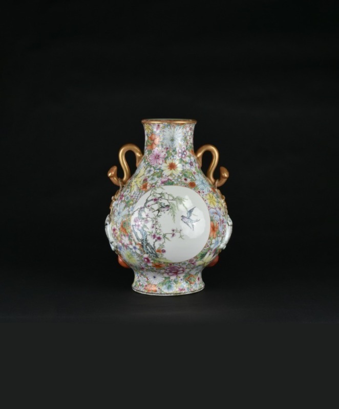 A Famille Rose Hundred Flowers Ground Vase with Gilt Ruyi Handles