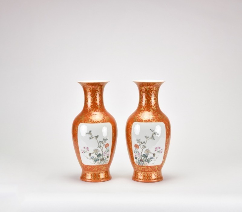 A Pair of Iron-Red Ground Gilt-Decorated Famille Rose Floral Vases