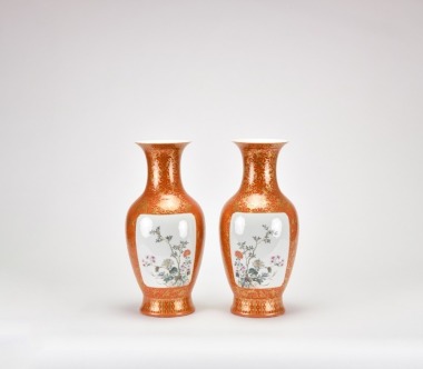 A Pair of Iron-Red Ground Gilt-Decorated Famille Rose Floral Vases