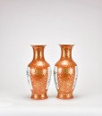 A Pair of Iron-Red Ground Gilt-Decorated Famille Rose Floral Vases - 2